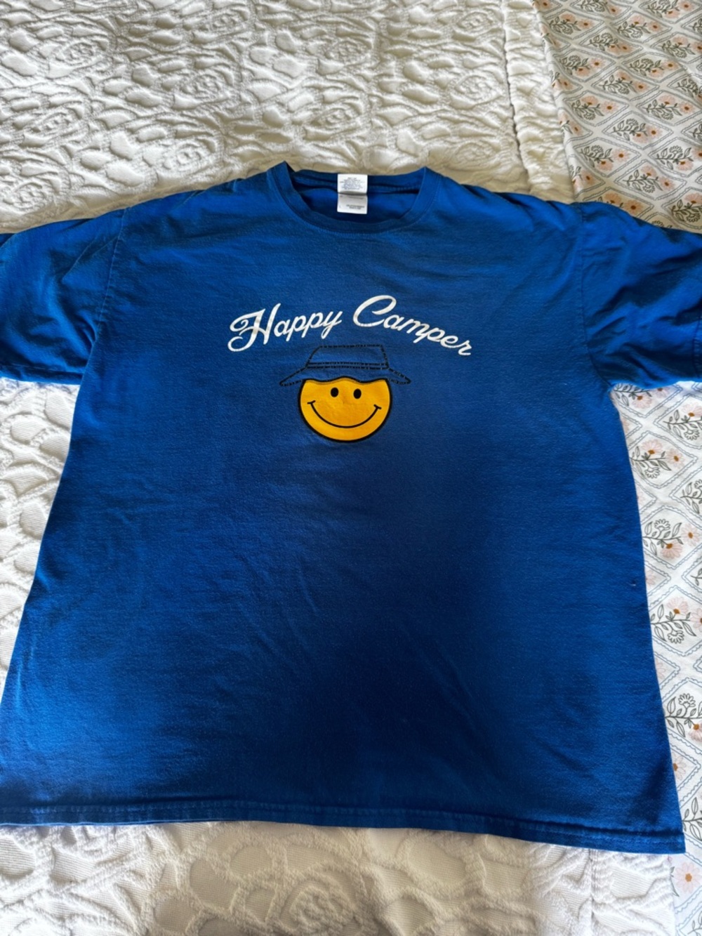 Happy Camper Smiley Face T Shirt Blue Graphic Tee Size L